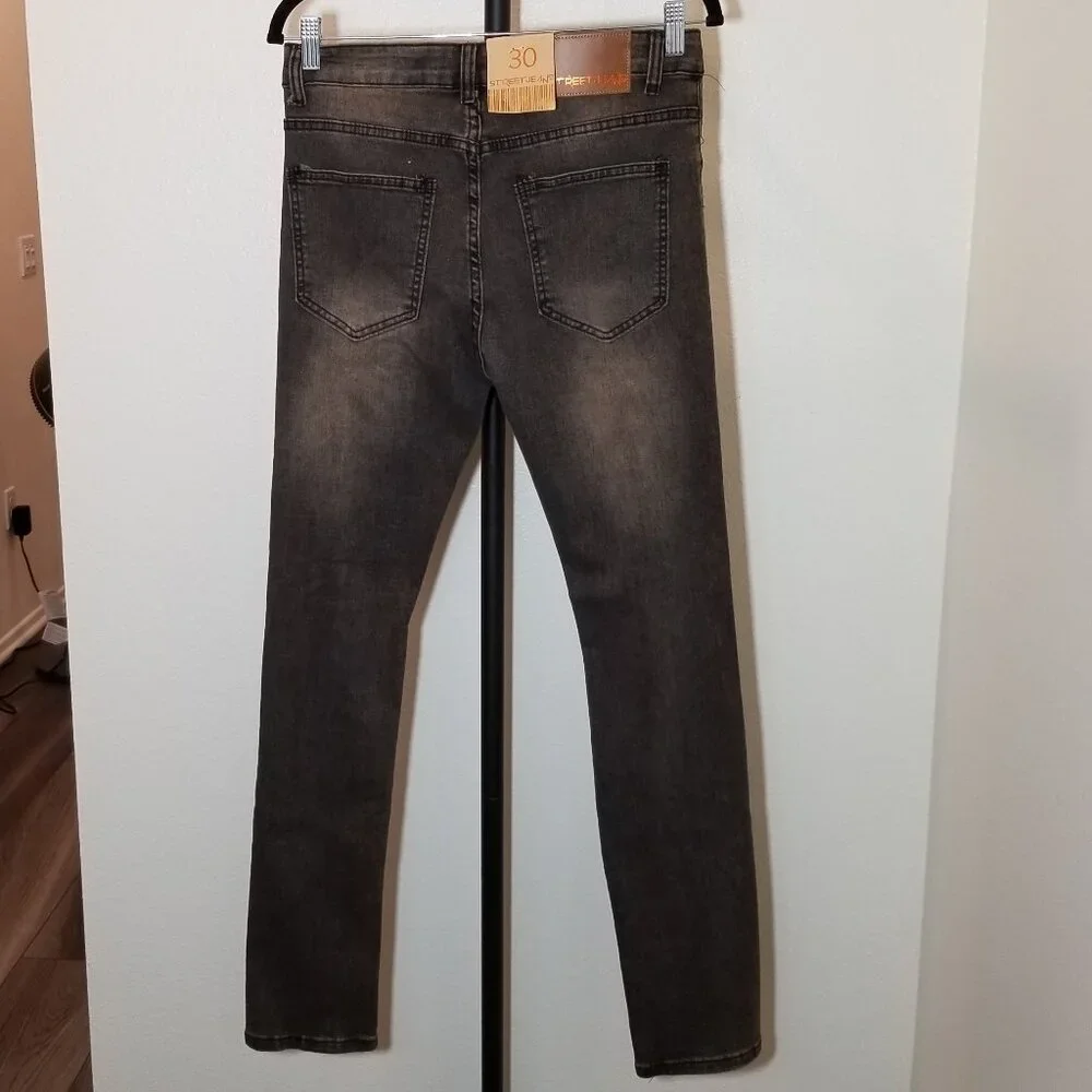 STREET JEANS Mens 30X32 Distressed Skinny Fit Black/Brown Wash Retro Street NWT